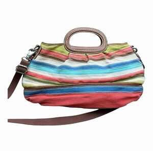 Fossil Wooden Handles Multicolor Striped Canvas Leather Satchel Shoulder Bag
